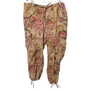 Lauren Ralph‎ Lauren 16 Tan Paisley Print Linen Cargo Pants Artsy Boho Preppy